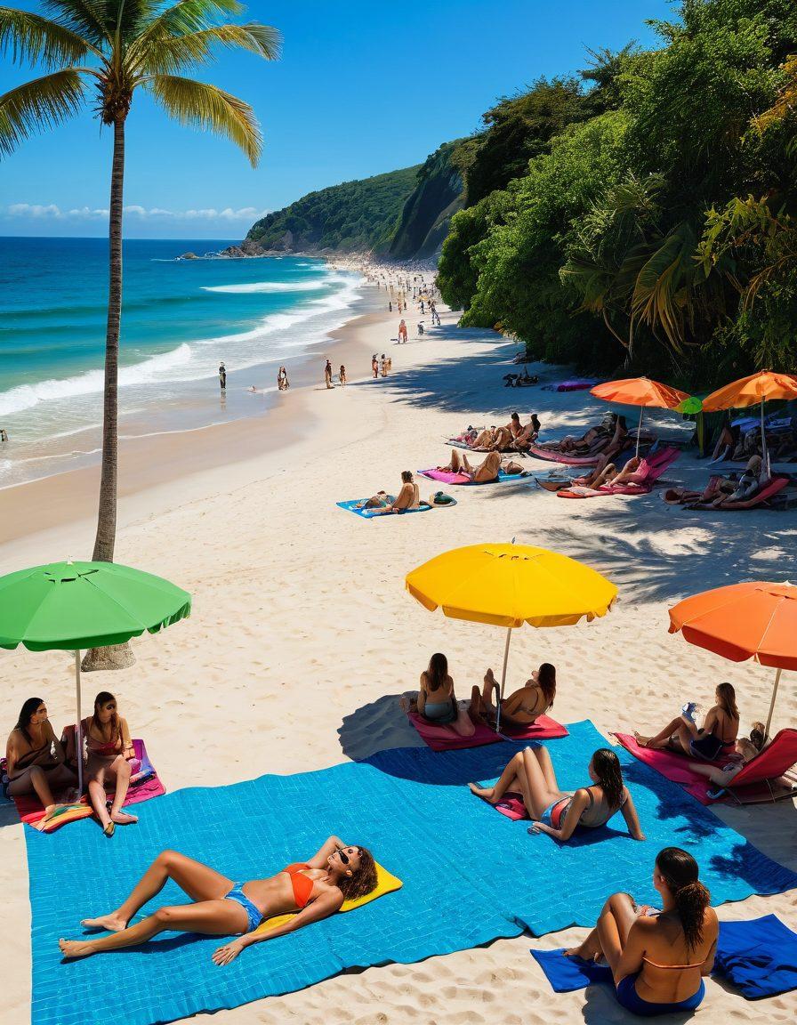 A beach scene showcasing a diverse range of swimwear styles in vibrant colors, including eco-friendly materials. Highlight beachgoers of various body types enjoying the sun, some lounging on colorful towels and others engaging in beach volleyball. The background should feature a clear blue sky, gentle waves, and tropical plants to evoke a lively and sustainable atmosphere. super-realistic. vibrant colors. bright and sunny vibes.