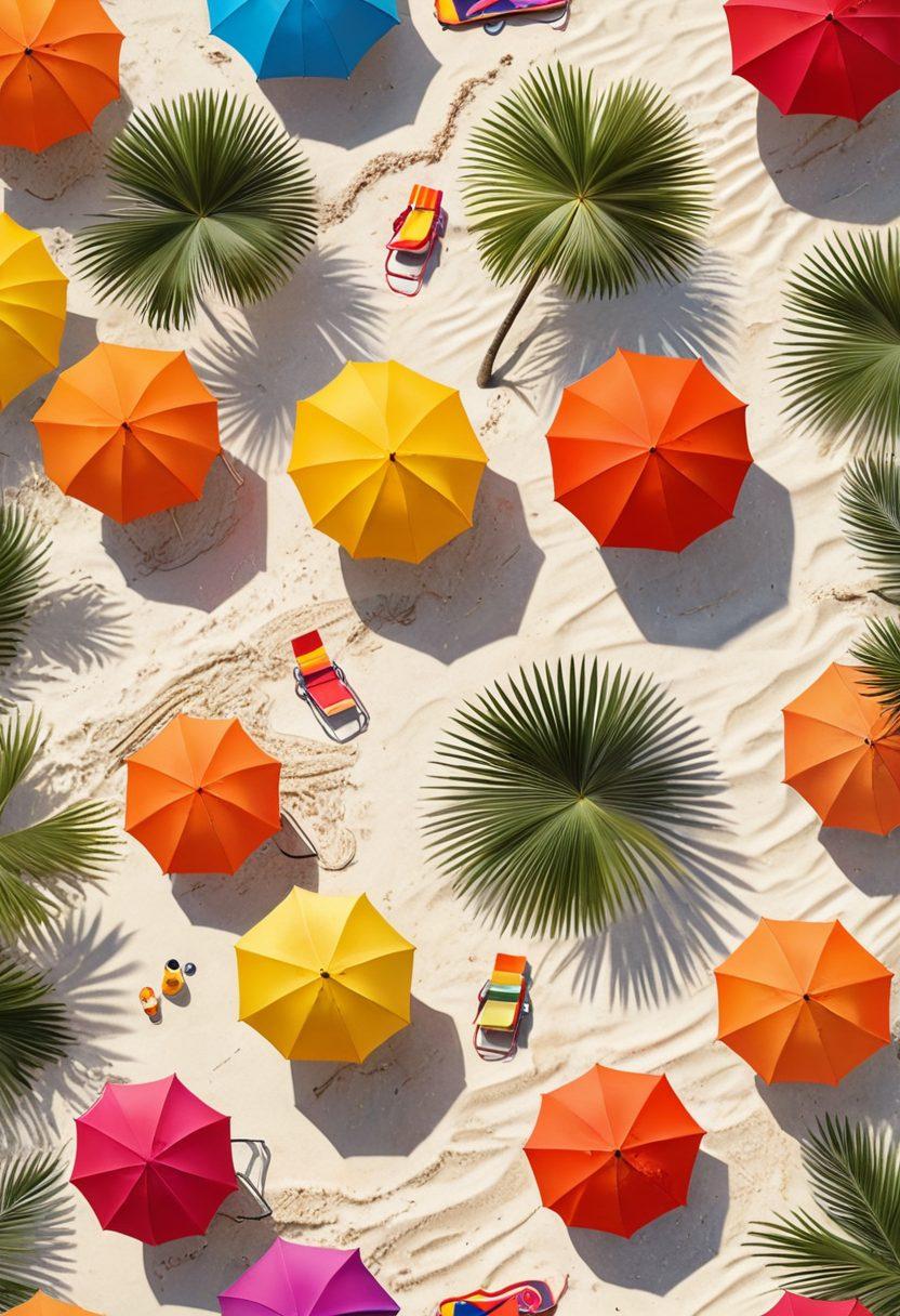 A vibrant beach scene featuring diverse individuals showcasing various trendy bikinis and beachwear, with sunlight glistening on the ocean waves. Incorporate colorful beach umbrellas and towels, palm trees swaying in the breeze, and an inviting atmosphere that captures the essence of summer fun. The image emphasizes a joyful vibe and fashion-forward aesthetics. tropical vibes. super-realistic. vibrant colors. white background.
